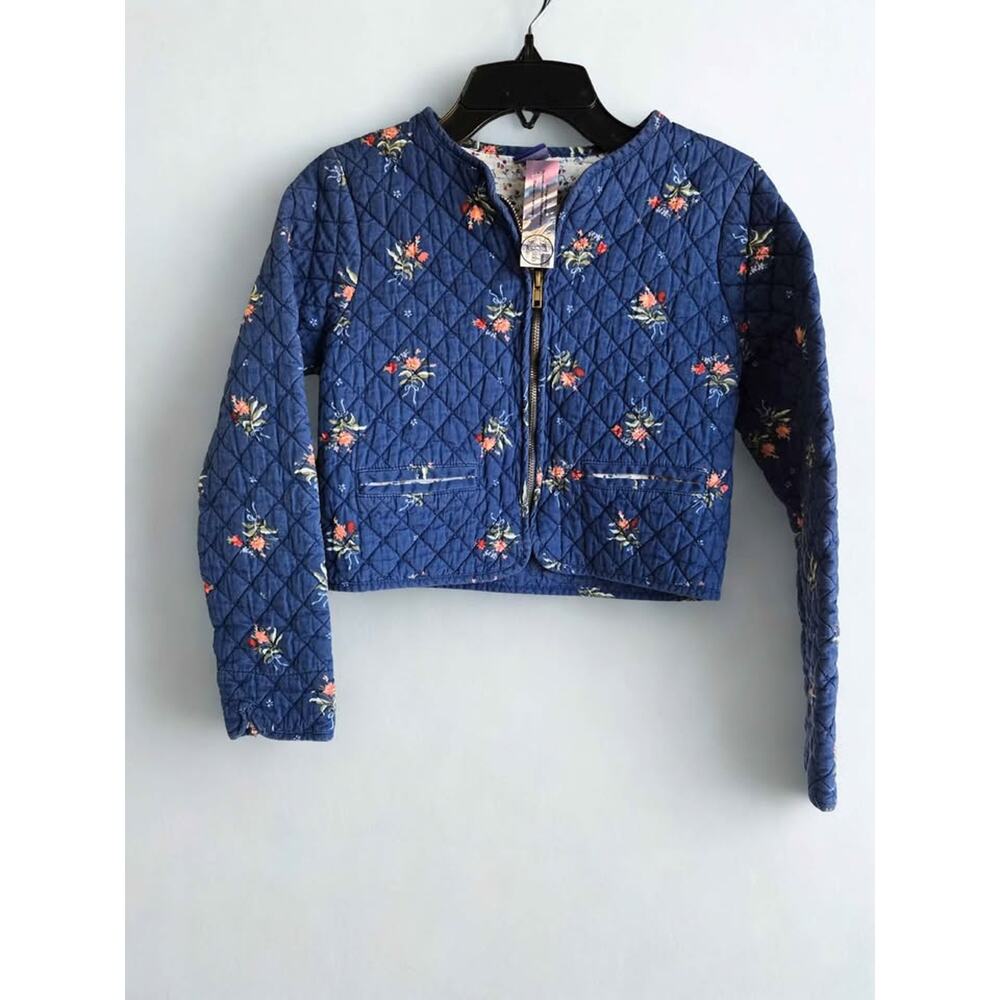 Disney Floral Quilted Blue Zip Front Crop Jacket Kids Size‎ Small